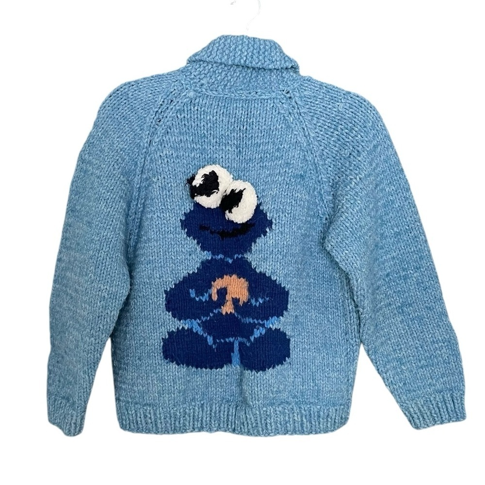 HAND KNIT Cookie Monster Wool Button Front Cardigan Sweater Blue One Size